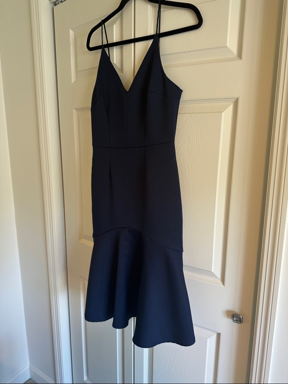 Classic Navy V-Neck Midi Dress with Flared Hem